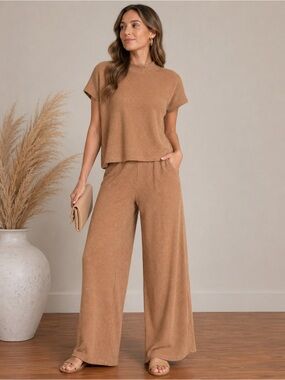 ZENANA Ribbed Lounge 2 Piece Matching Set Medium Camel Tan Wide Leg Cozy Chic